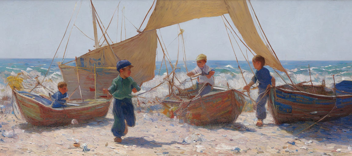 Four children by the sea with boats and sails on a sunny day