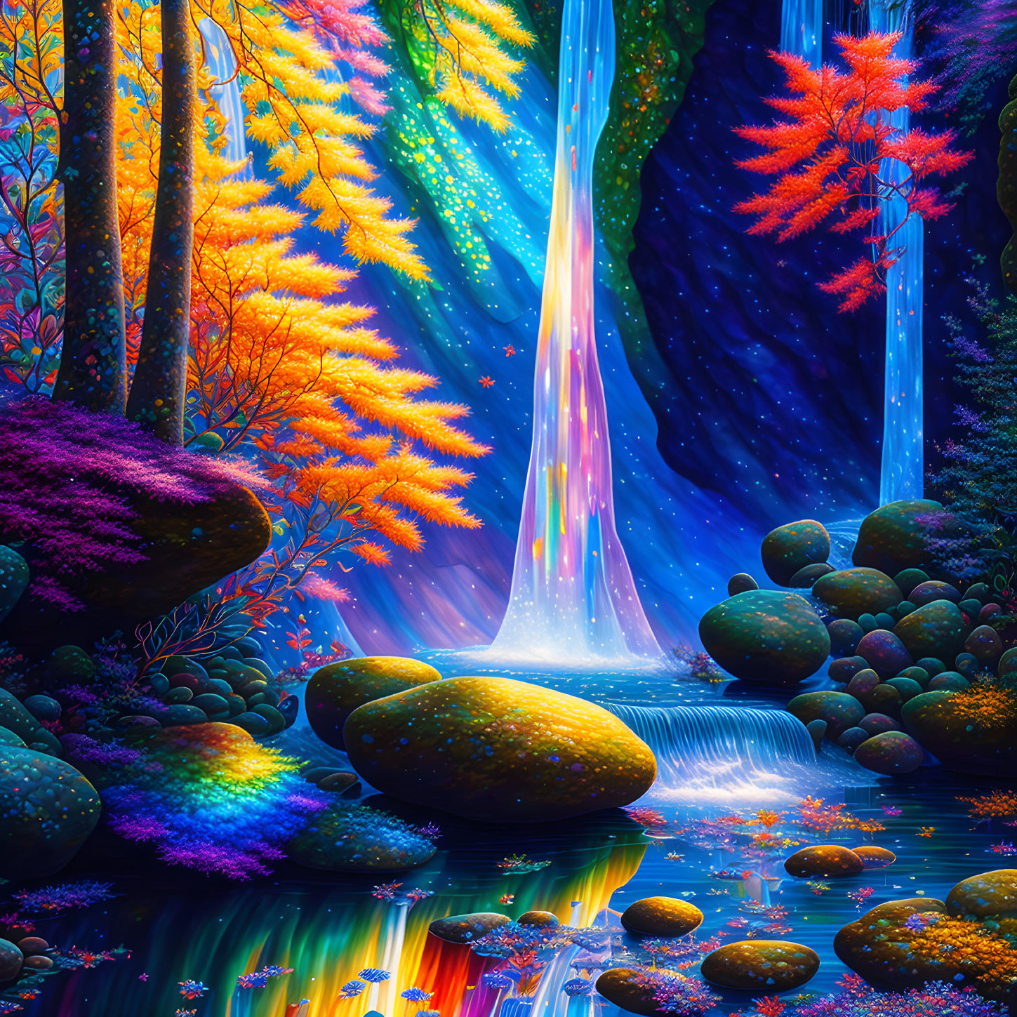 Colorful Digital Art: Magical Forest with Waterfall & Ethereal Light