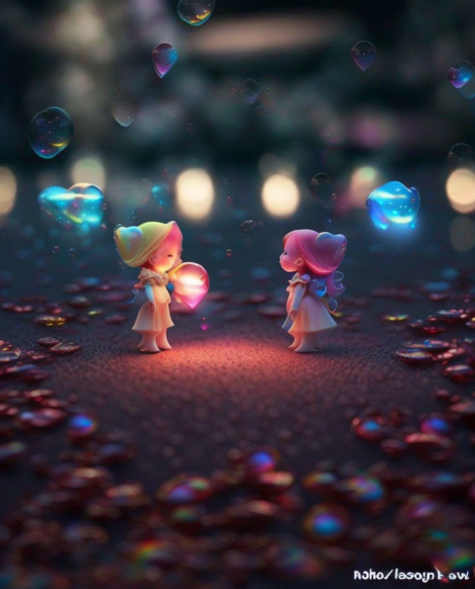 Animated characters glowing with light among bubbles on pebble path