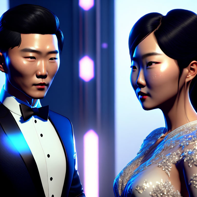 Asian couple in formal attire against blue backdrop