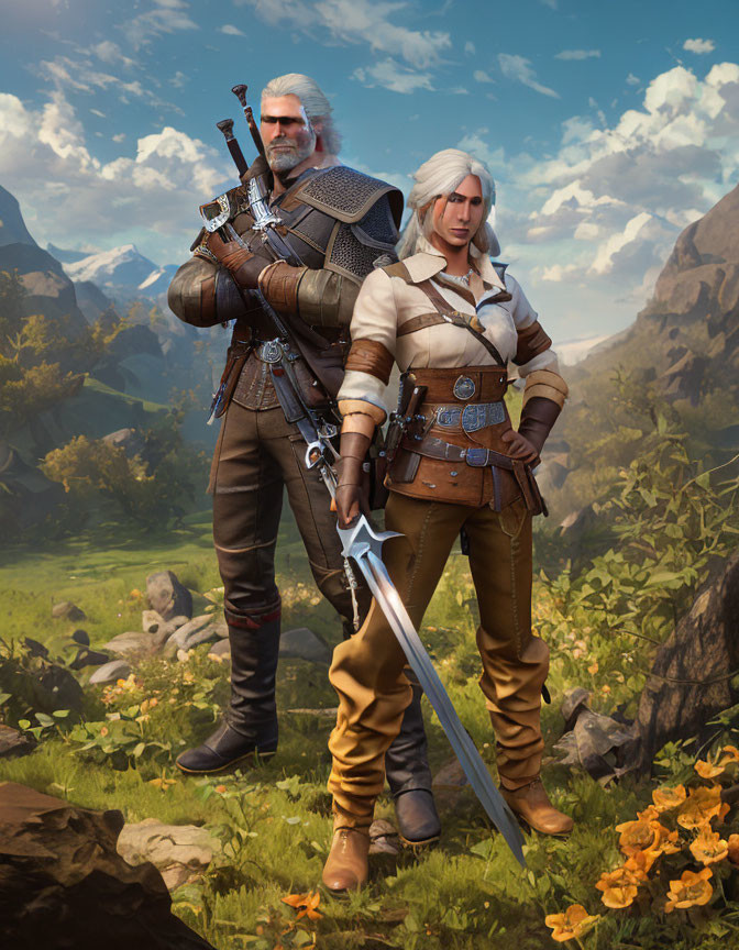 Male and female Witcher characters with swords in scenic landscape