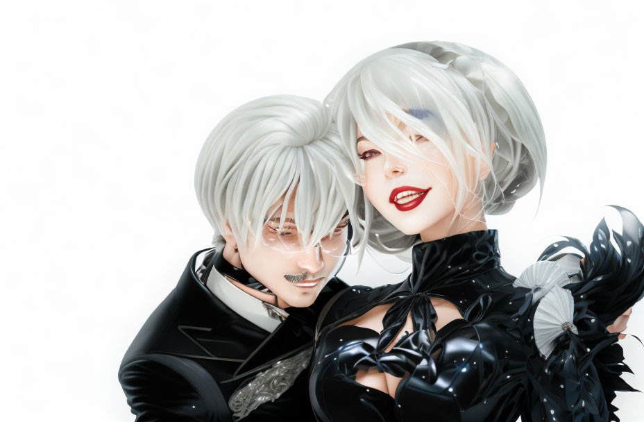 Anime-style characters with white hair in elaborate black outfits on a white background