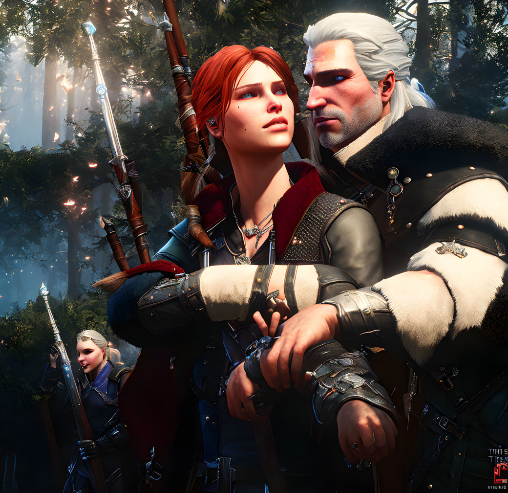 Digital artwork featuring Geralt of Rivia and Triss Merigold in mystical forest