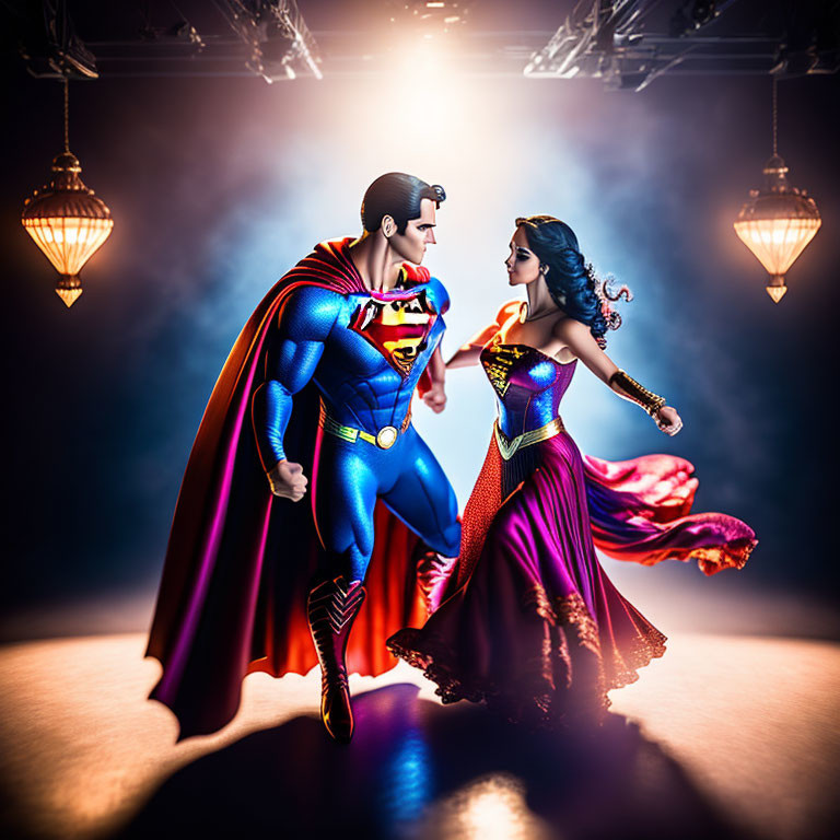 Superman and Wonder Woman Heroic Action Figures in Dramatic Lighting