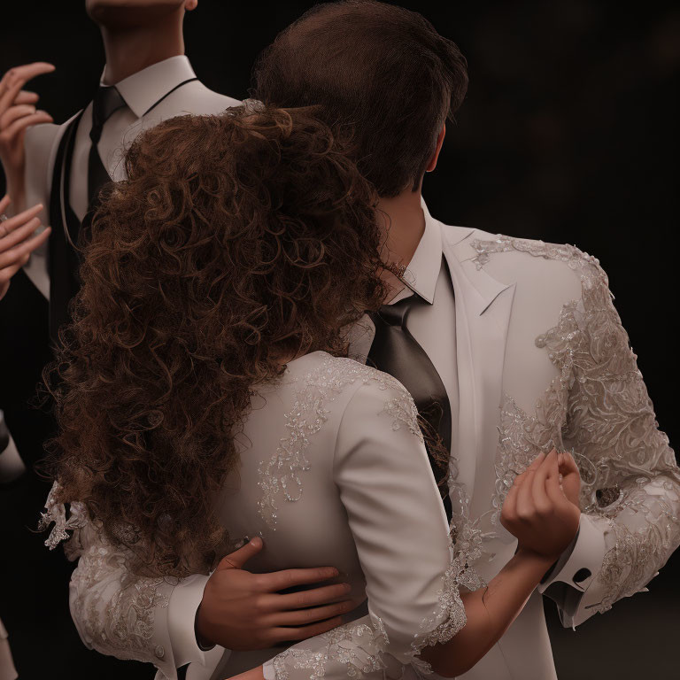 Bride and Groom Embrace with Groomsmen in Ornate Wedding Attire