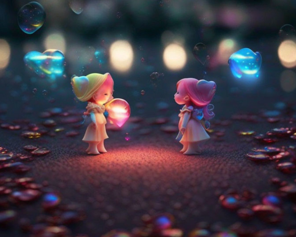 Animated characters glowing with light among bubbles on pebble path