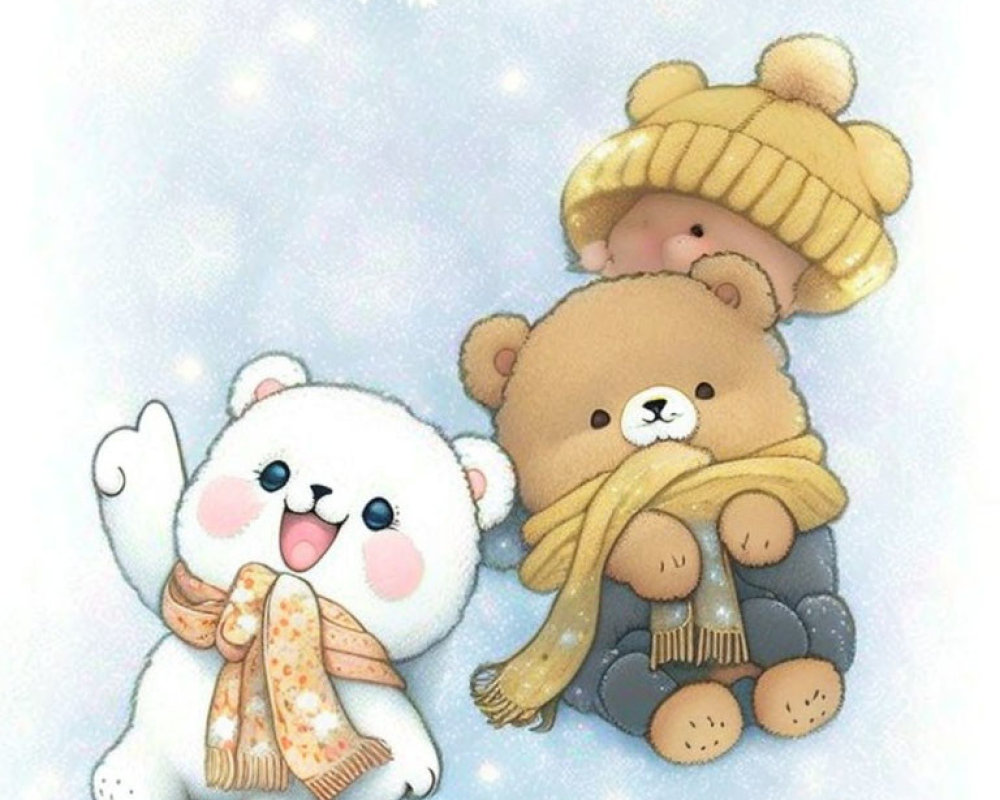 Three Cute Bears in Winter Hats and Scarves in Snowy Scene