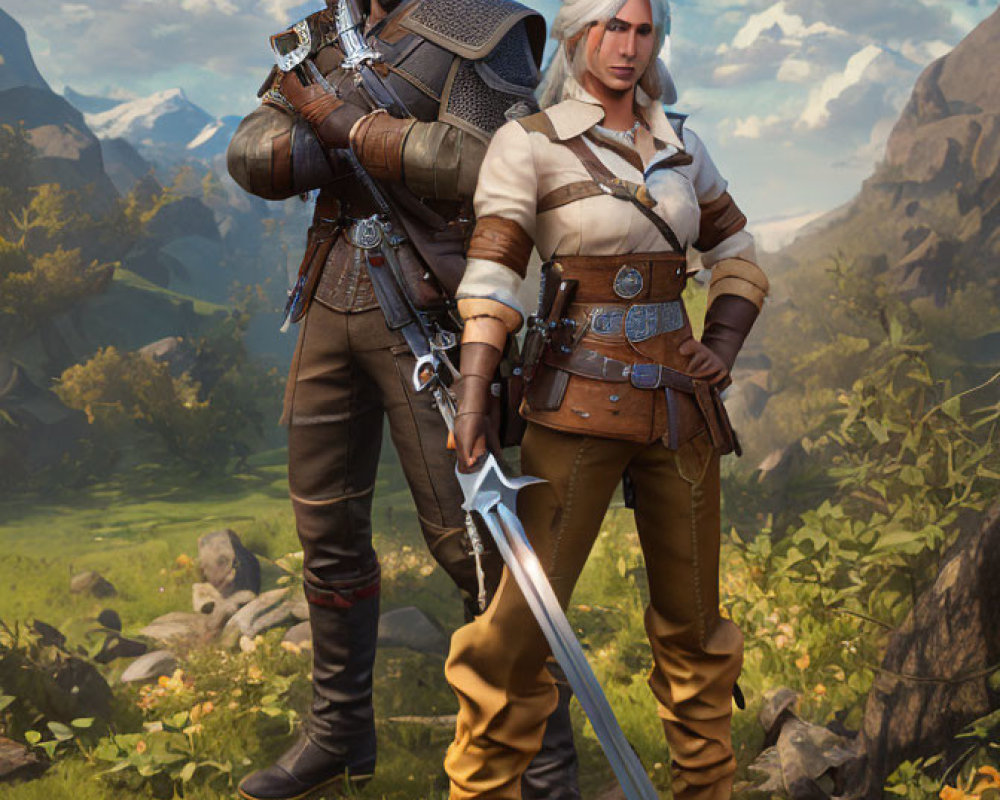 Male and female Witcher characters with swords in scenic landscape