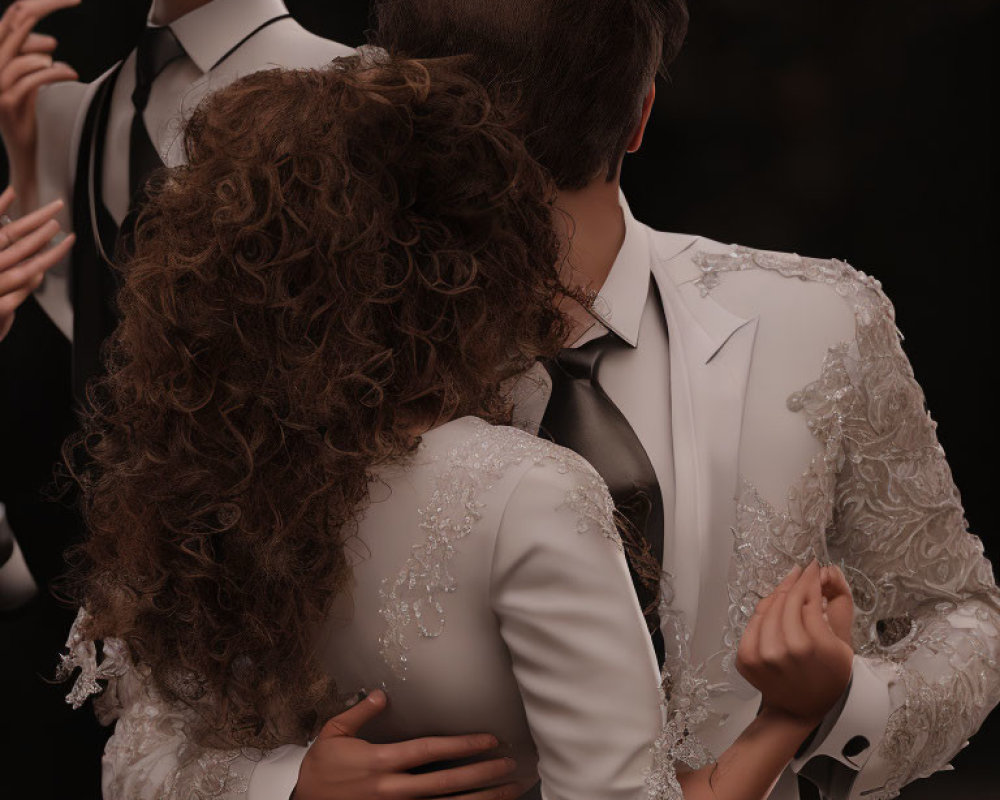 Bride and Groom Embrace with Groomsmen in Ornate Wedding Attire