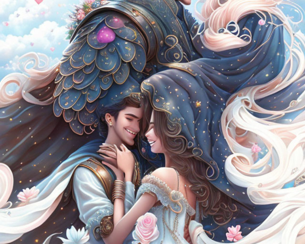 Illustrated Couple Embraces in Dreamy Floral Setting