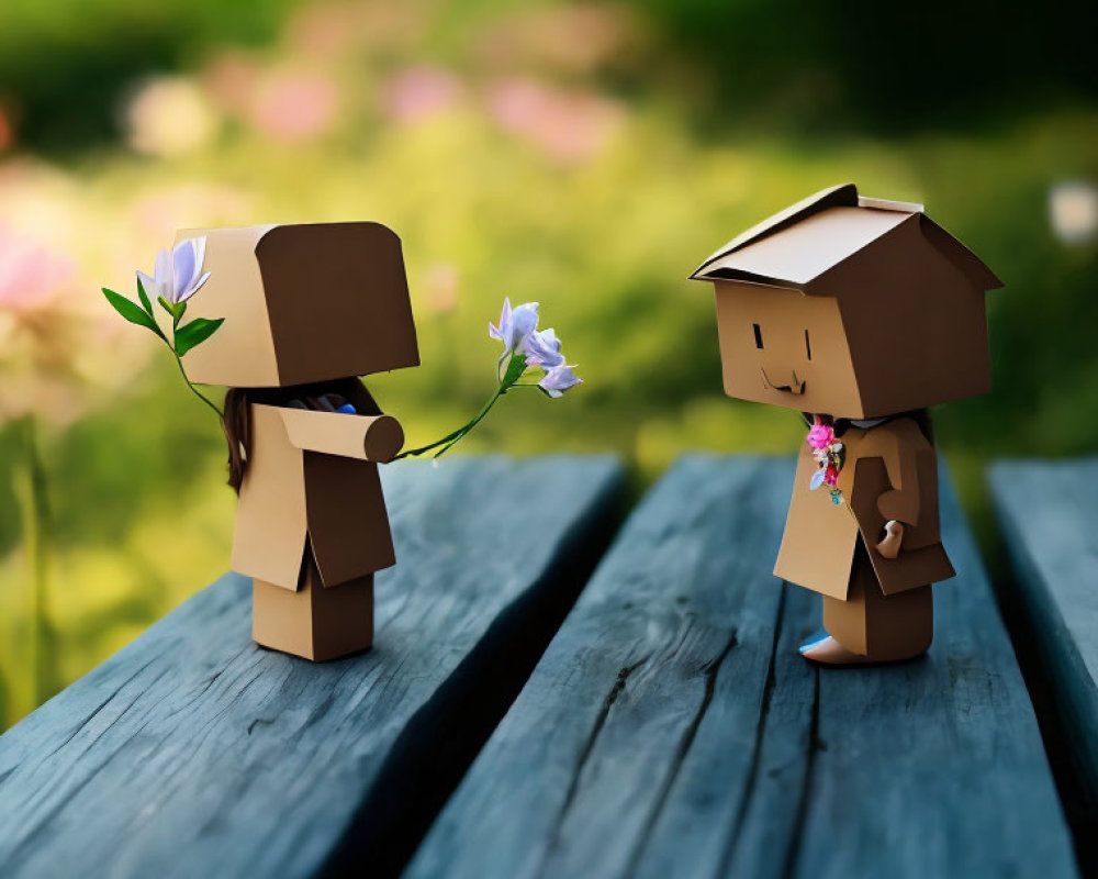 Cardboard figures exchanging flower on wooden surface with green background