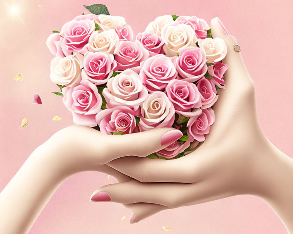 Illustrated hands holding pink rose bouquet on soft pink background