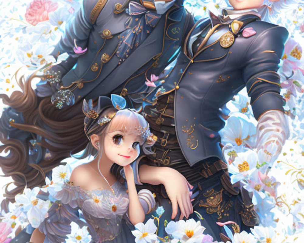 Animated characters in floral outfits on pastel backdrop