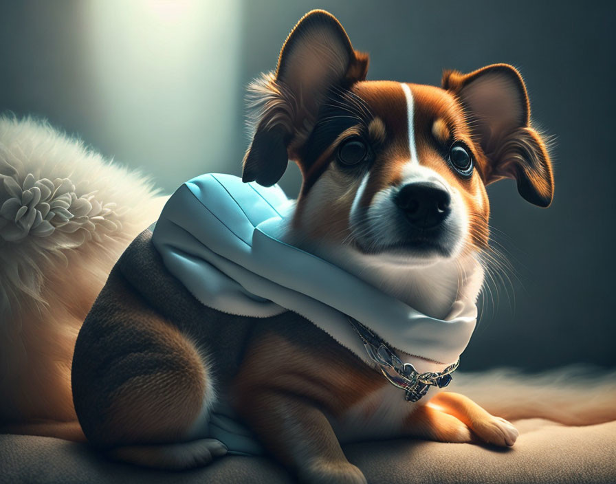 Regal Corgi Dog in Stylish Scarf and Silver Chain Collar