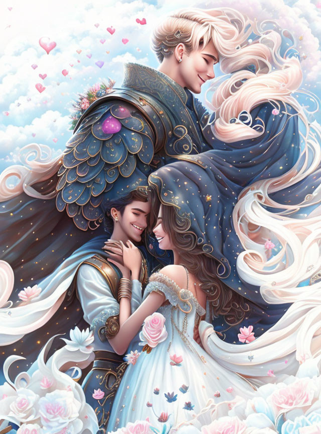 Illustrated Couple Embraces in Dreamy Floral Setting