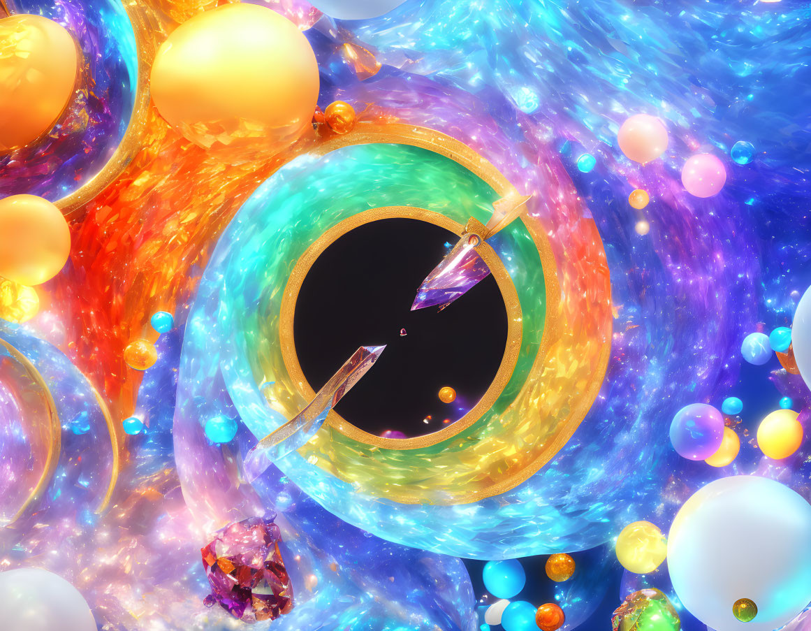 Colorful Abstract Art with Spheres, Crystals, and Portal Circle