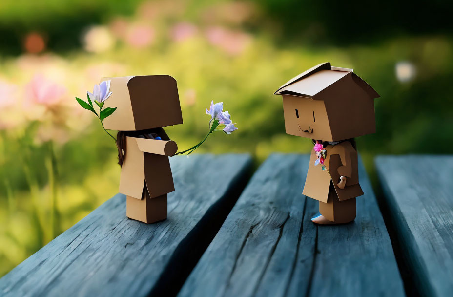 Cardboard figures exchanging flower on wooden surface with green background