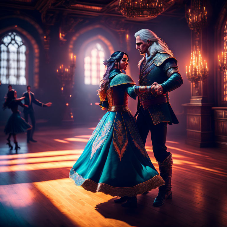 Royal couple waltzing in grand hall with chandeliers