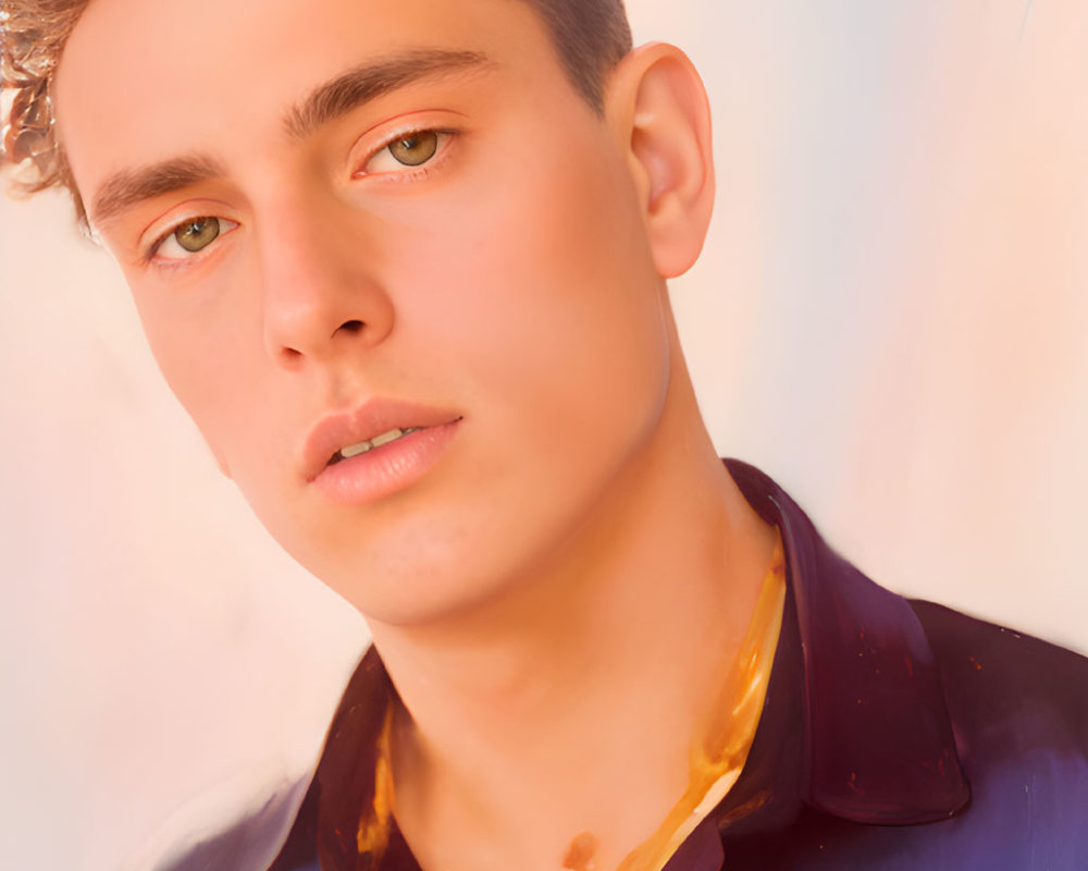 Young person in dark shirt with blue and orange smudges on pastel background