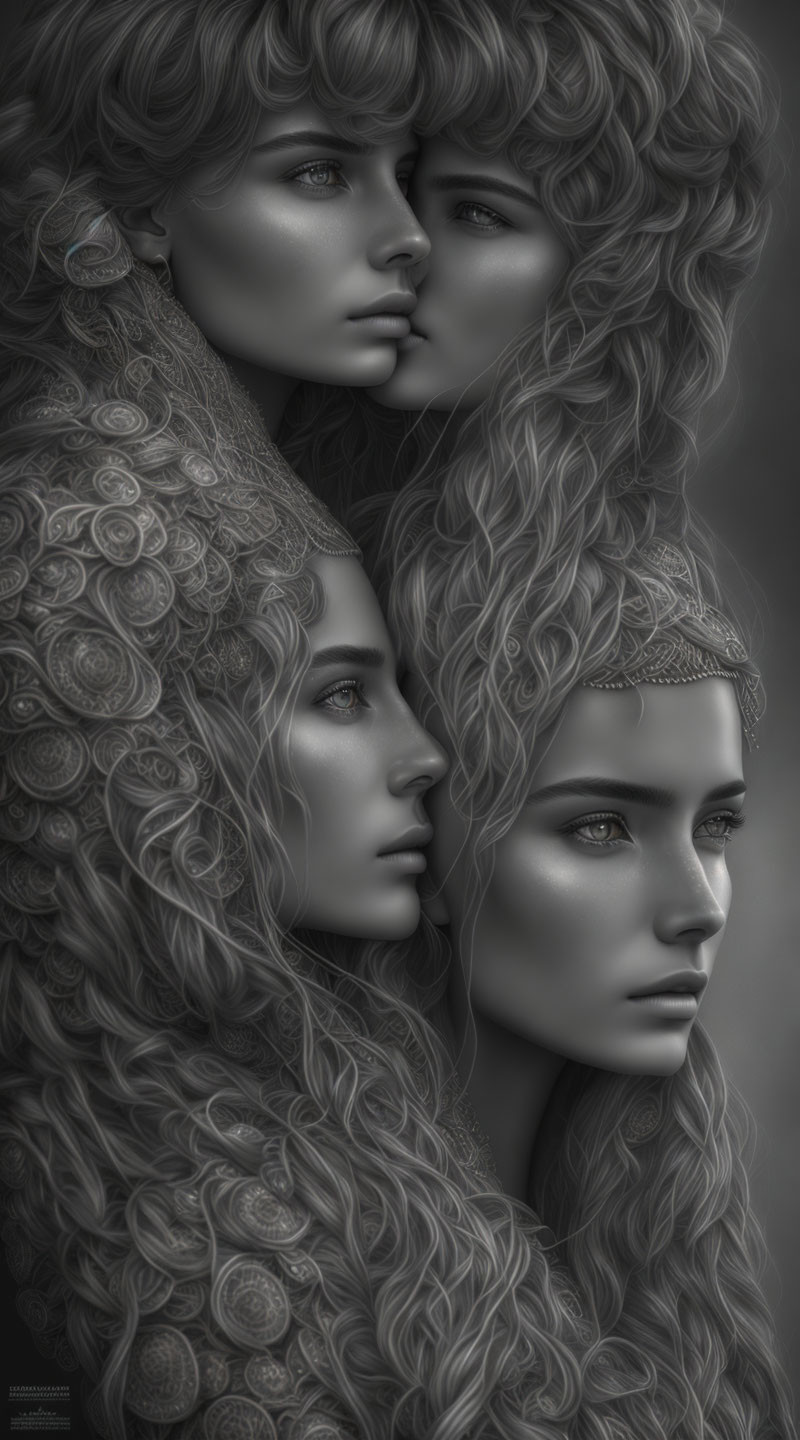 Four hyper-realistic monochromatic faces blending textures and hair seamlessly.