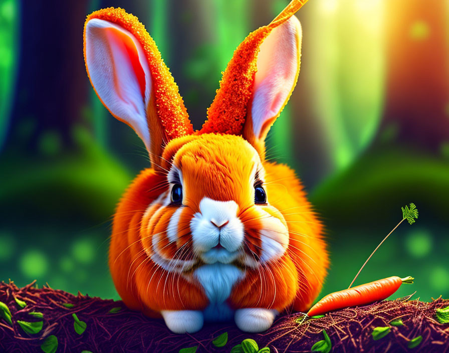 Orange Rabbit with Long Ears in Vibrant Forest with Carrot and Dandelion