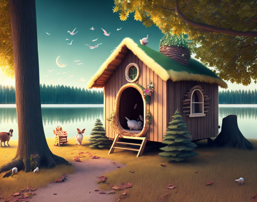 Tranquil woodland scene with playful animals and cozy treehouse