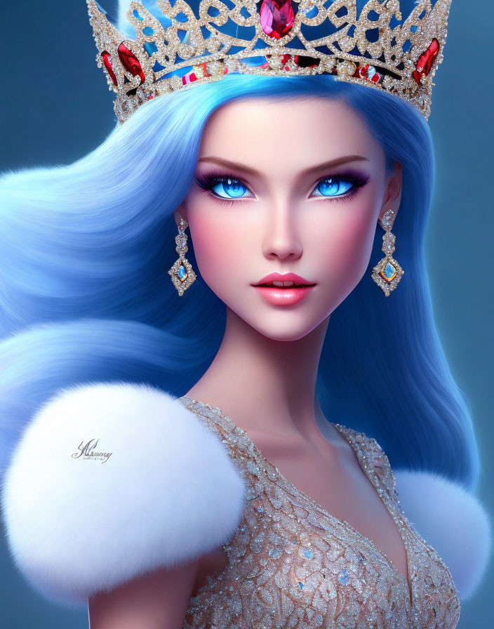 Digital Portrait: Female Character with Blue Hair, Blue Eyes, Gold Crown, and White Fur