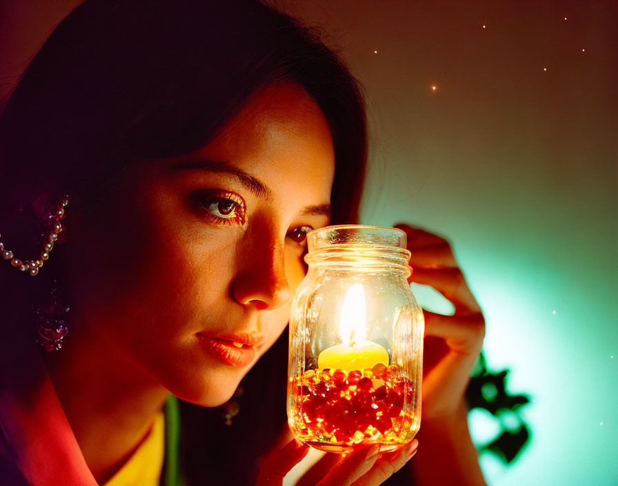 Woman admires candle in jar amidst warm glowing lights