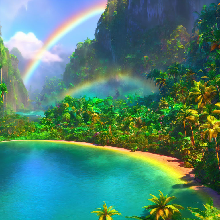 Colorful tropical landscape with rainbow, palm trees, lagoon, and beach