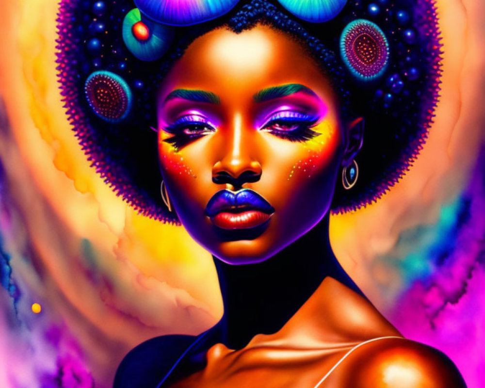 Colorful digital artwork of a woman with cosmic and floral elements