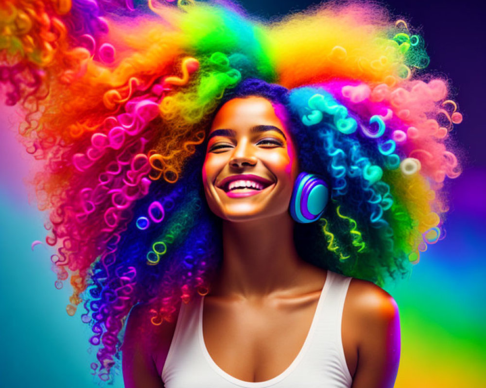 Vibrantly colored curly hair woman with headphones on multicolored background