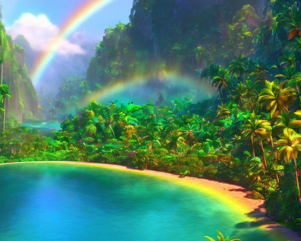 Colorful tropical landscape with rainbow, palm trees, lagoon, and beach