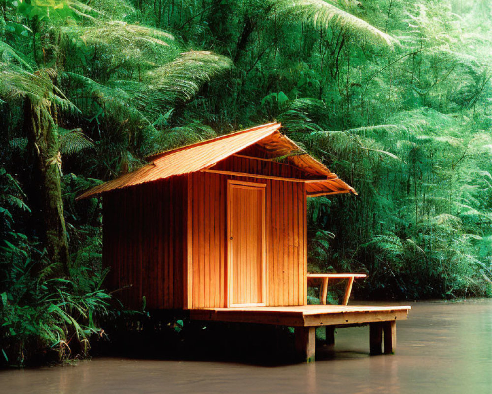 Rustic wooden cabin on platform in lush greenery near calm water body