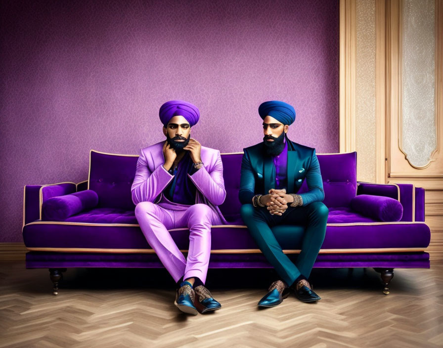 Two men in stylish suits and turbans seated on purple couch against purple wall