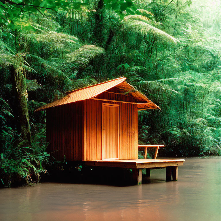 Rustic wooden cabin on platform in lush greenery near calm water body