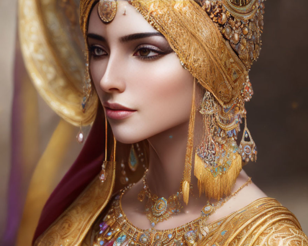 Luxurious Golden Headdress and Jewelry with Intricate Designs