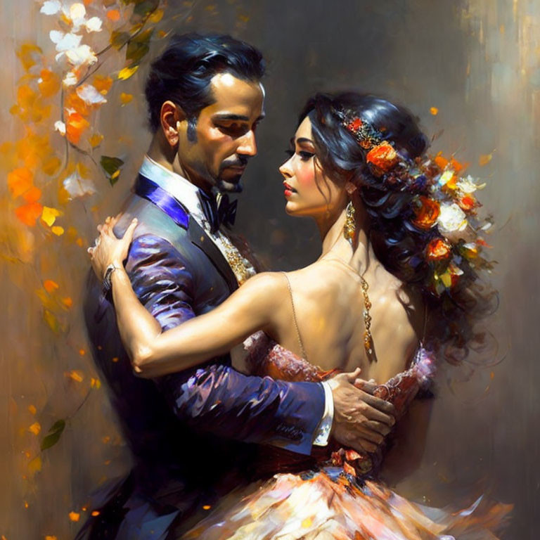 Formal Attired Couple Dancing in Soft Light with Vibrant Flowers