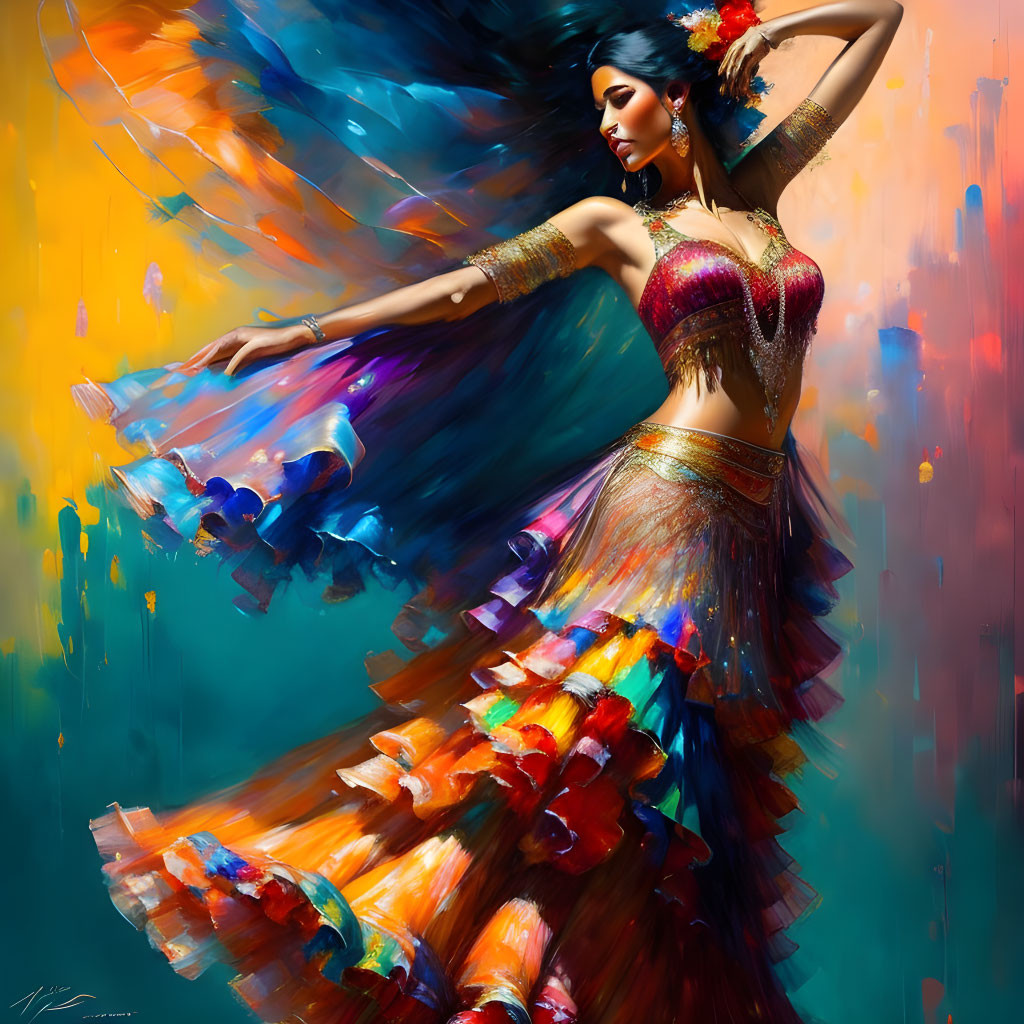 Colorful Painting of Woman Dancing in Beaded Top and Flowing Skirt
