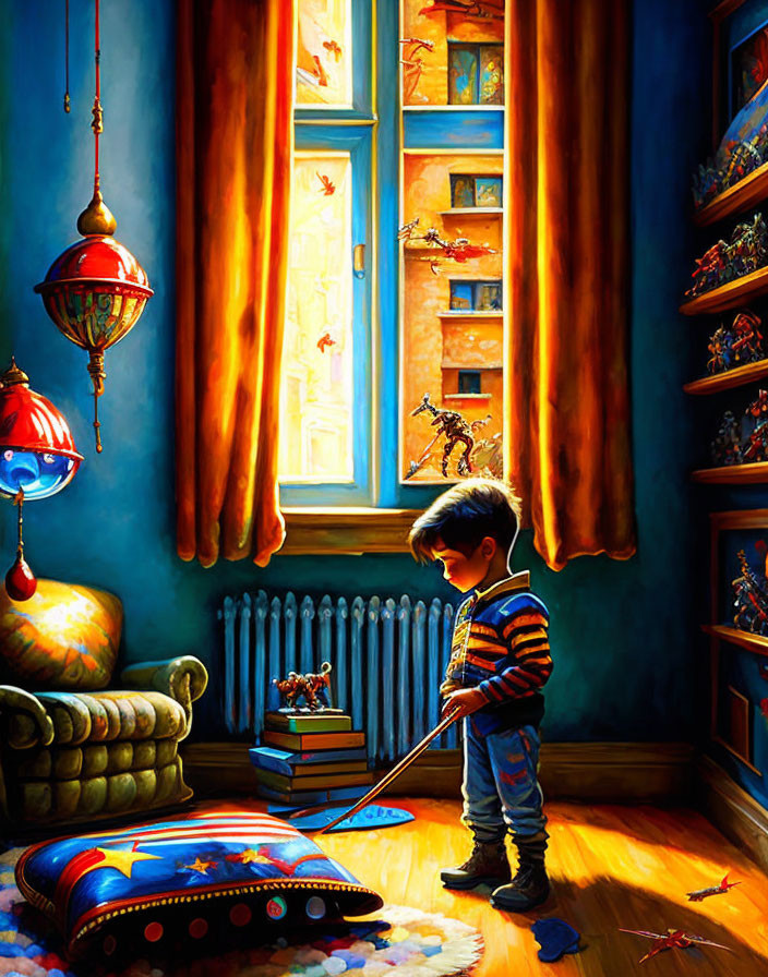 Child Playing with Toy Sword in Cozy Sunlit Room