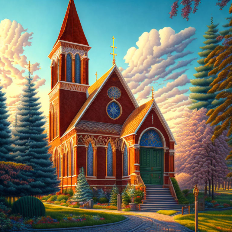 Victorian-style red brick church with arched windows in lush natural setting