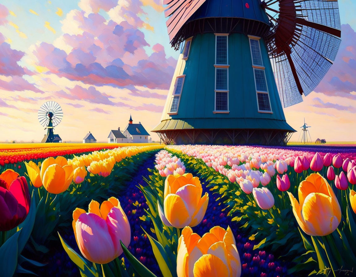 Colorful tulip fields and windmills in scenic countryside setting