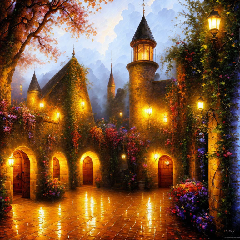 Enchanting evening cobblestone courtyard with ivy-covered towers and lantern light