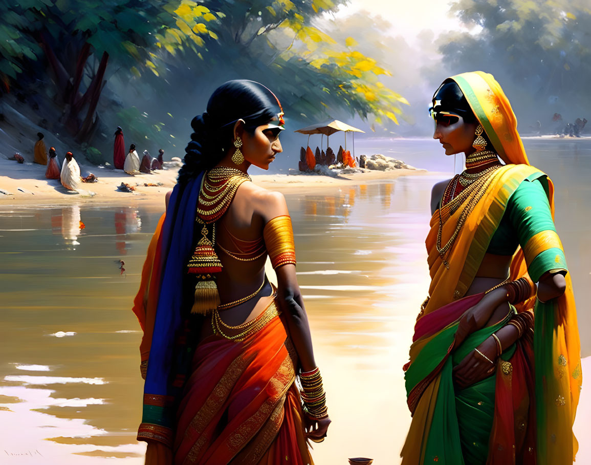 Traditional Indian attire women conversing by riverbank with lush trees.