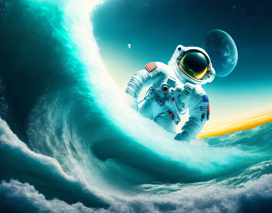 Astronaut surfing a large wave with surreal space backdrop