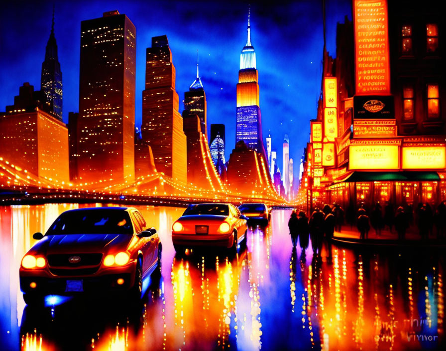 Illustrated Cityscape at Night with Glowing Lights and Neon Signs