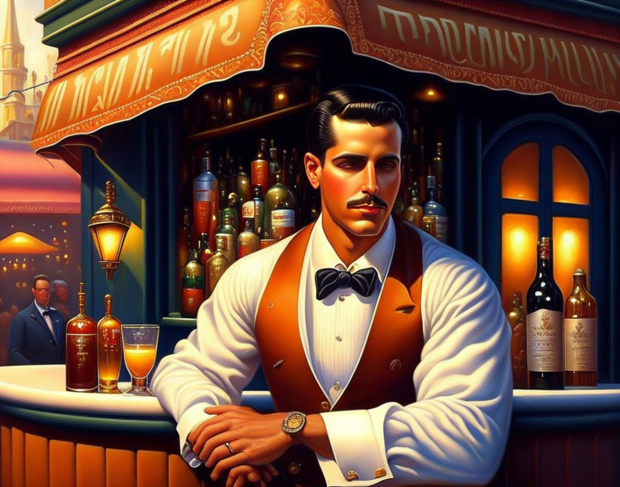 Suave bartender in orange vest and bowtie at polished bar