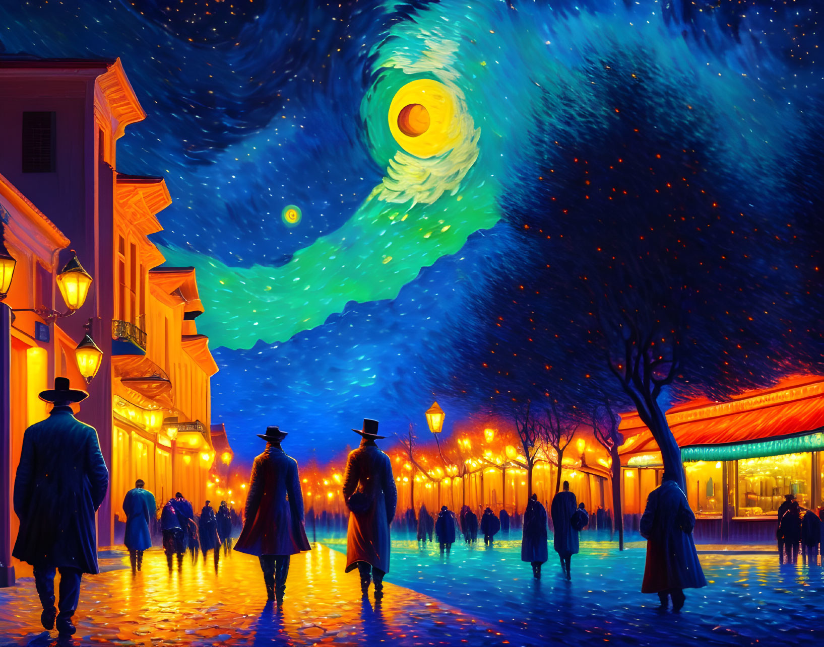 Vibrant street scene under swirling starry night sky