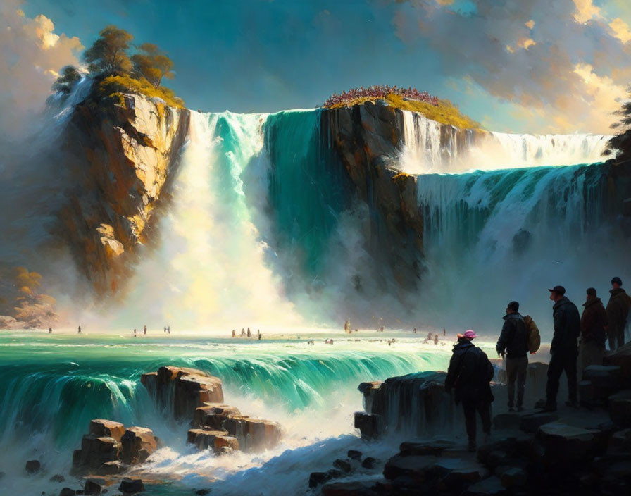 Group of People Admiring Majestic Waterfall on Rocky Terrain