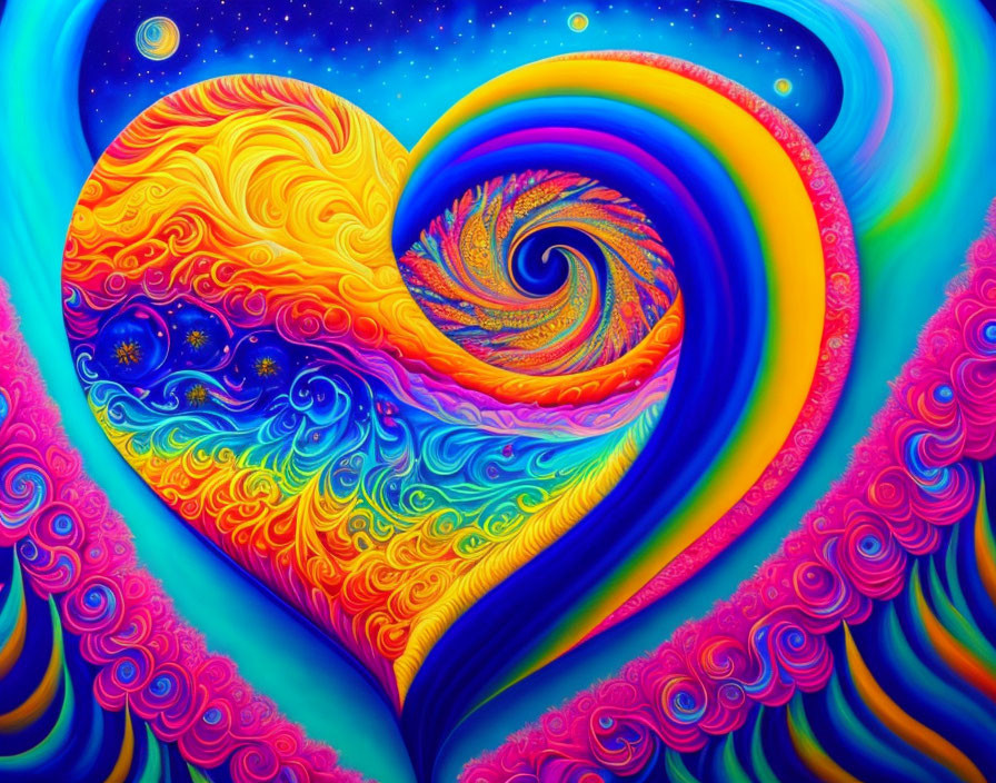 Colorful swirling heart art with bright colors and space motifs