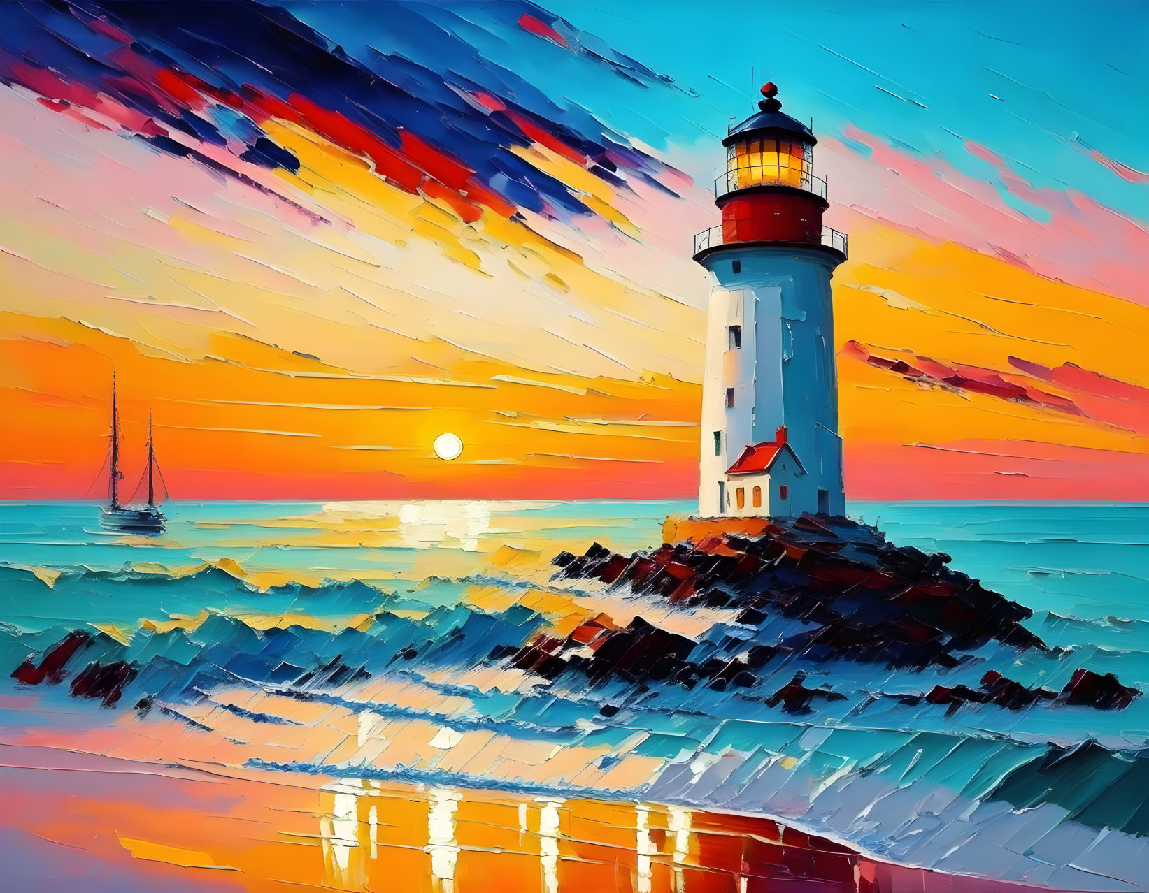 Lighthouse at Sunset Painting with Vibrant Colors